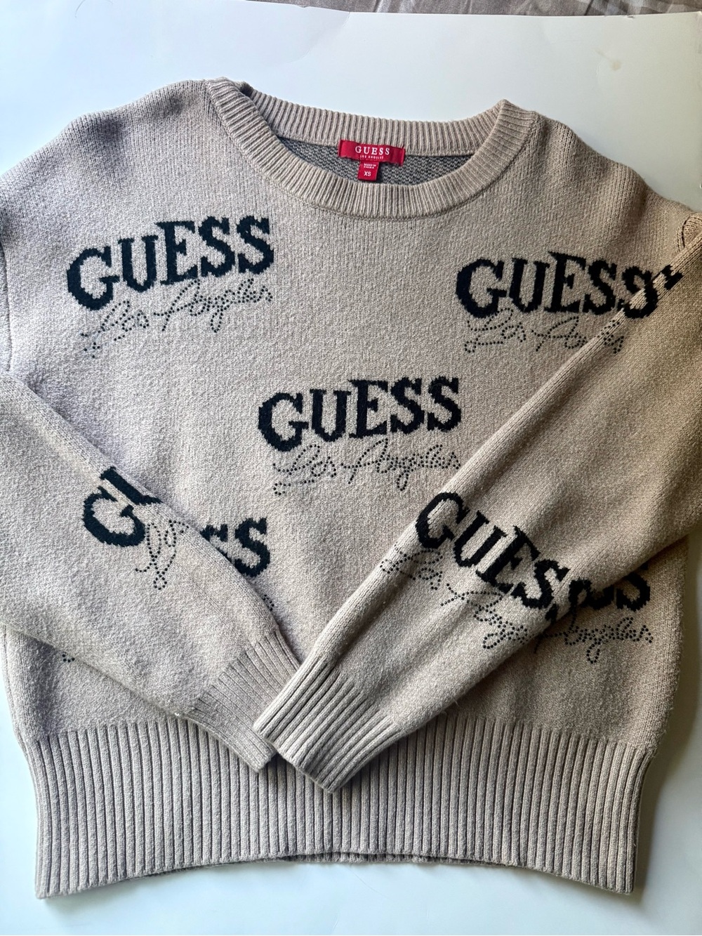 GUESS Beige Sweater with Black Logo Motif